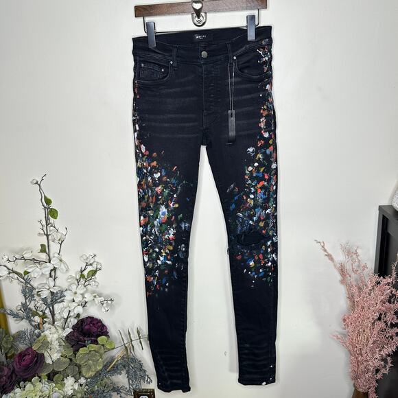 AMIRI Paint Splatter Distressed Slim Jeans Aged Black Sz 30 x 34 $1590 {H50} - Picture 3 of 10